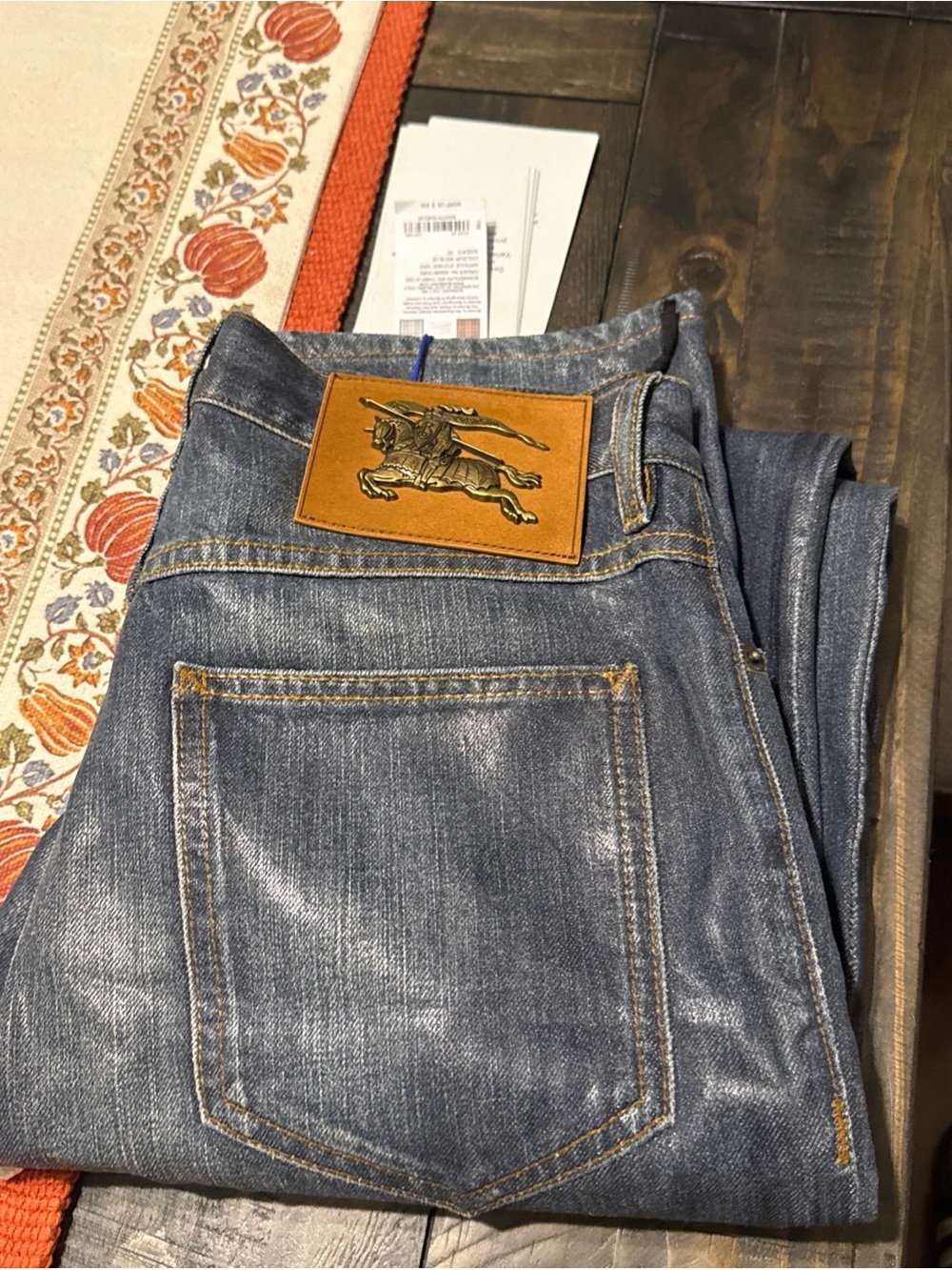 Burberry Slim Blue Denim Jeans with Tan Leather Patch